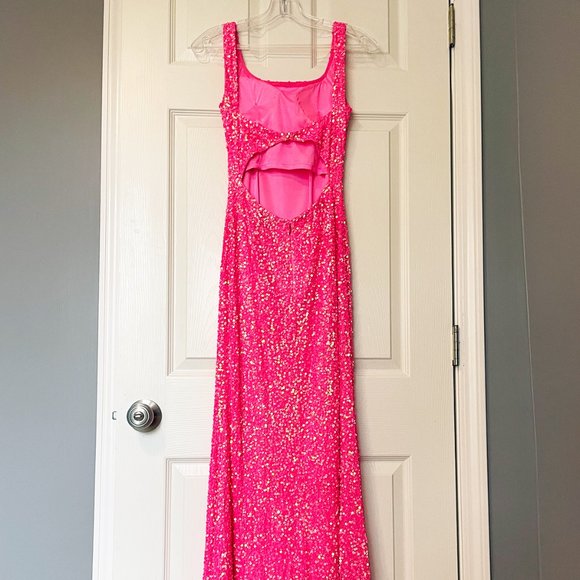 STUNNING PROM HOMECOMING DRESS, Aleta Long Open Back HOT PINK Sequined Lined, 00 - Picture 9 of 12